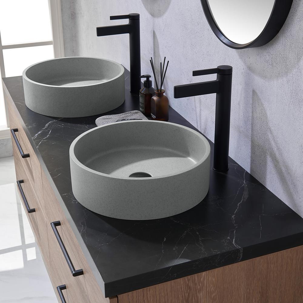 Double Sink Bath Vanity with Sintered Stone Top with Concrete Sink and Mirror. Picture 8