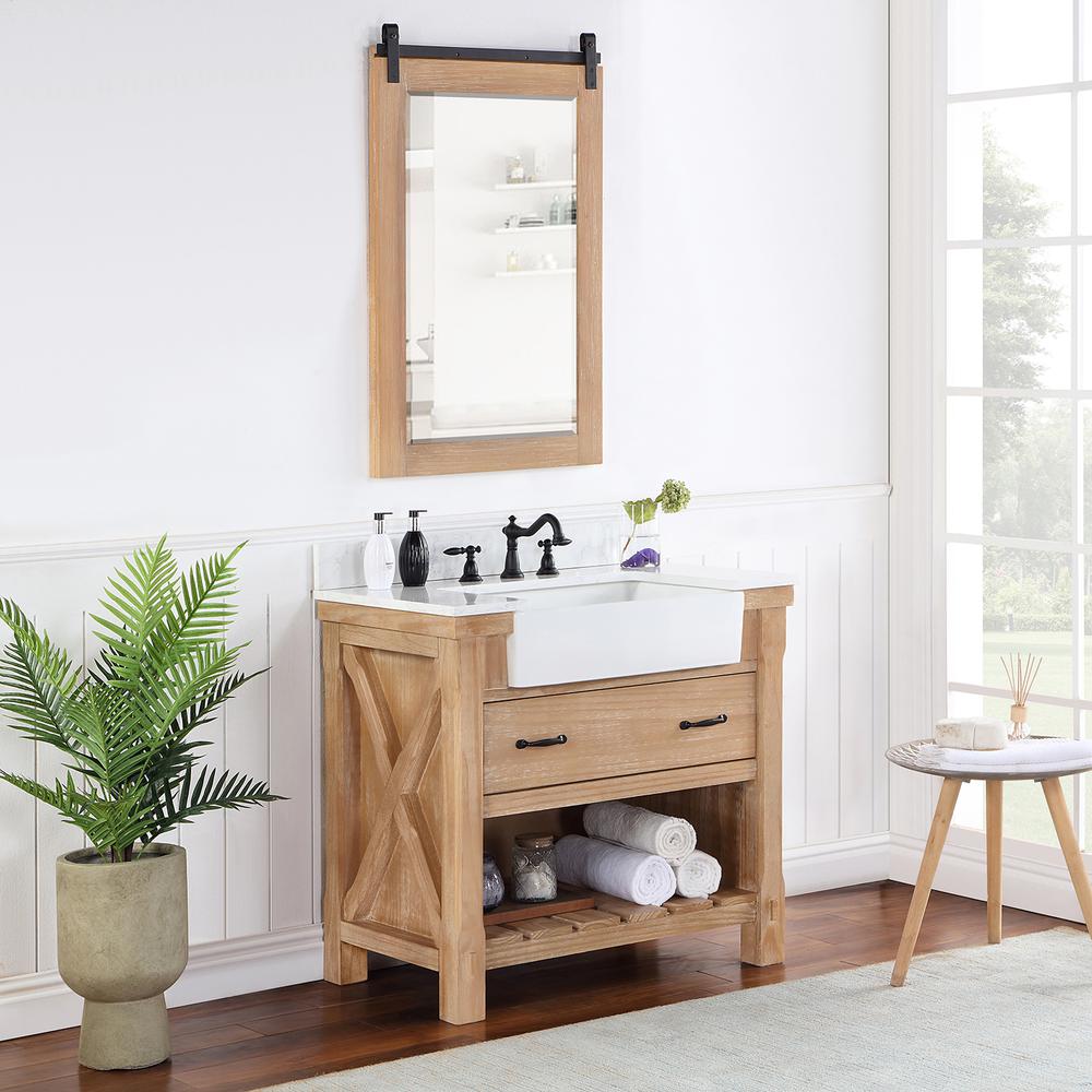 Single Bath Vanity with Composite Stone Top, White Farmhouse Basin and Mirror. Picture 5
