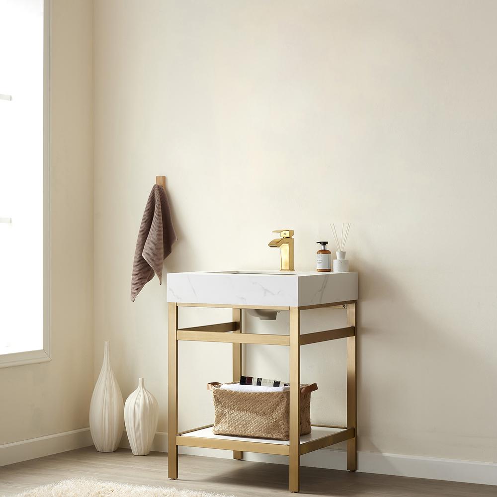 Single Sink Bath Vanity Metal Support with White Sintered Stone Top. Picture 4