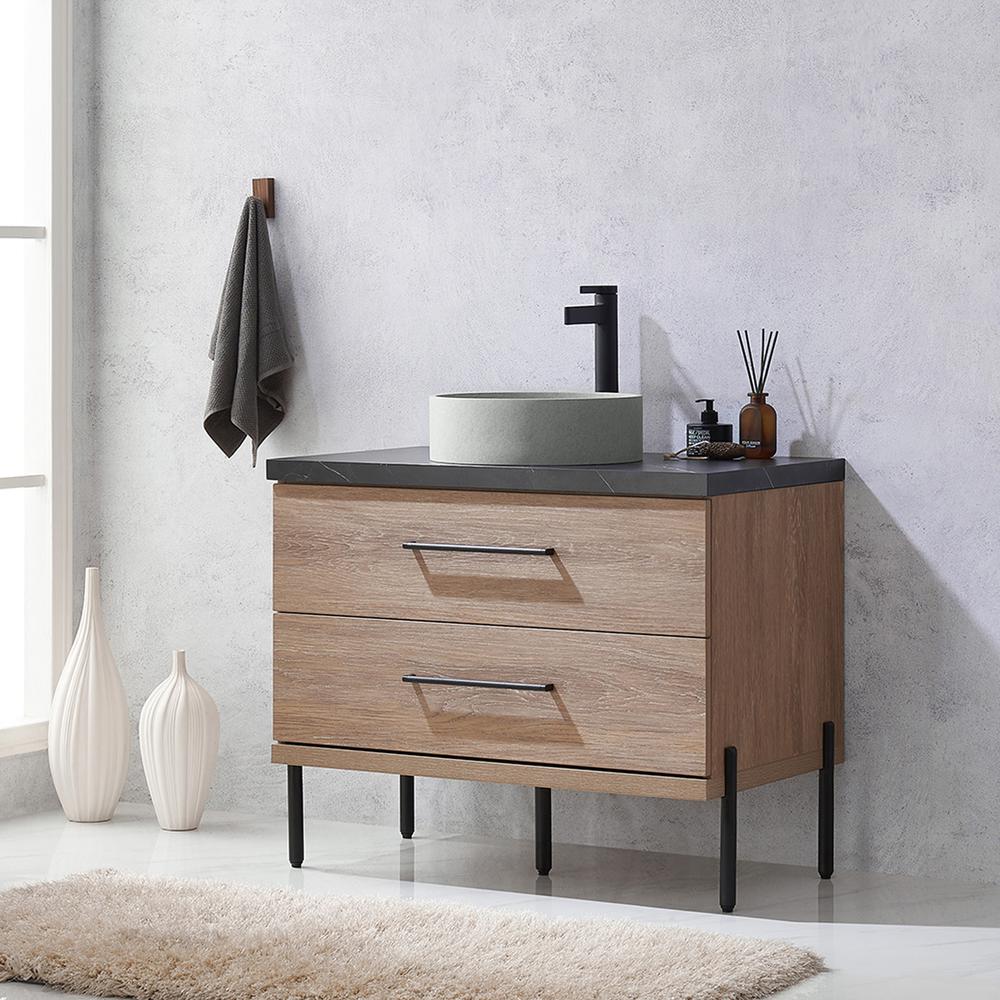 Single Sink Bath Vanity with Black Sintered Stone Top with Concrete Sink. Picture 5