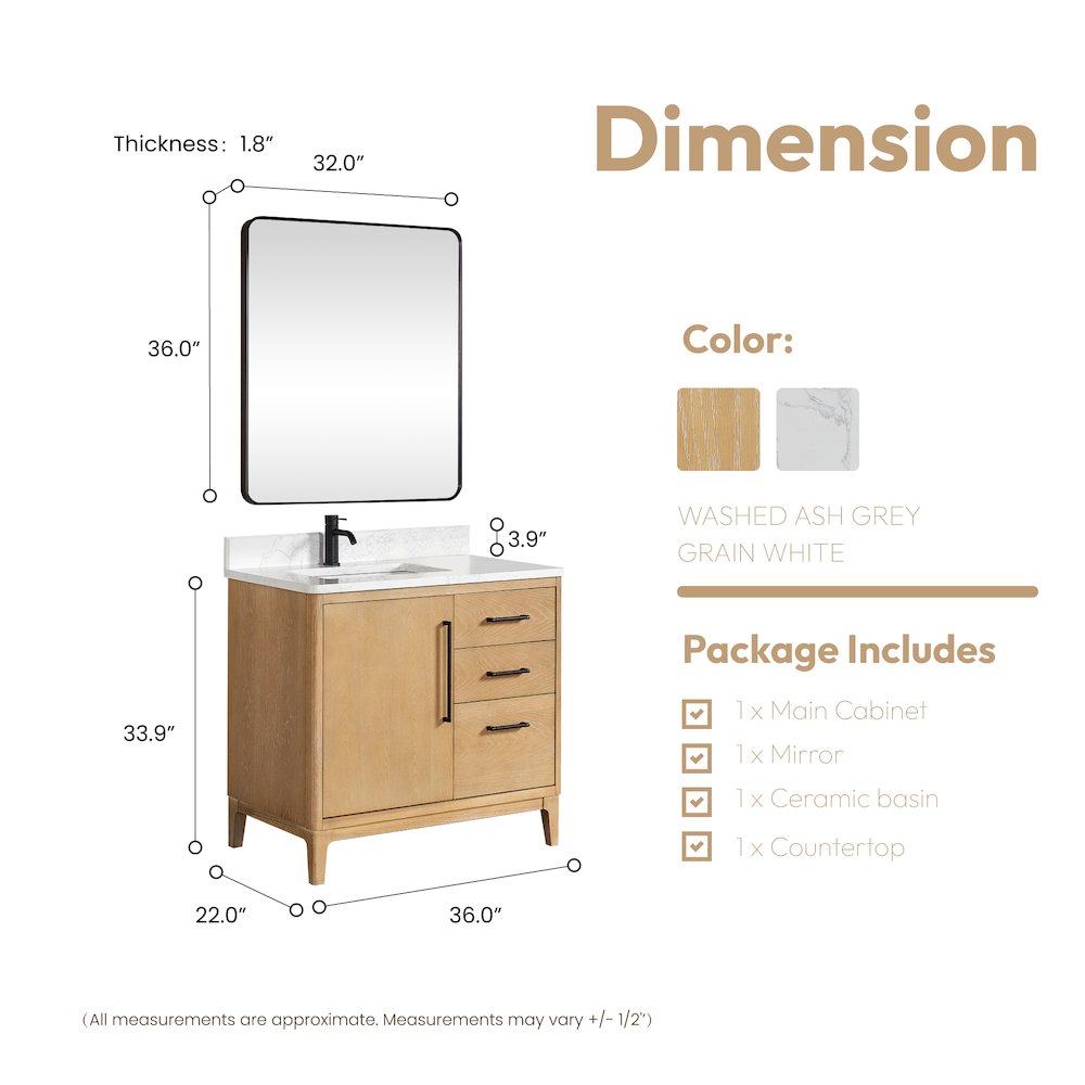 Gara 36" Free-standing Single Bath Vanity in Washed Ash Grey. Picture 20