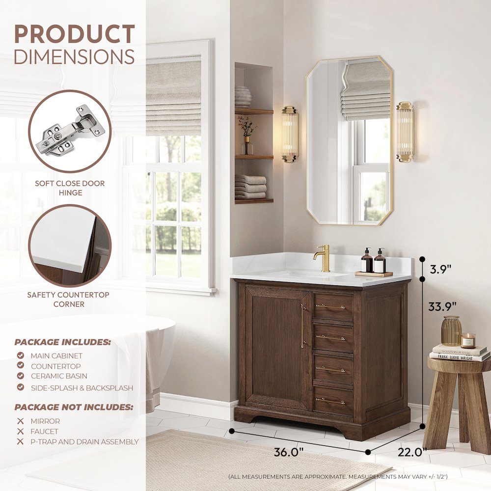 Tokyo 36" Freestanding Single Bath Vanity in Aged Dark Brown Oak. Picture 18