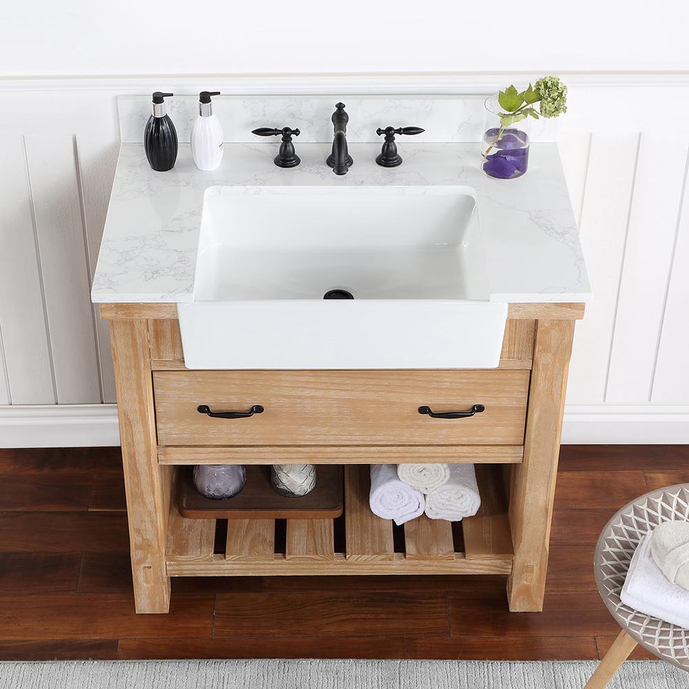 Single Bath Vanity with Composite Stone Top, White Farmhouse Basin. Picture 7