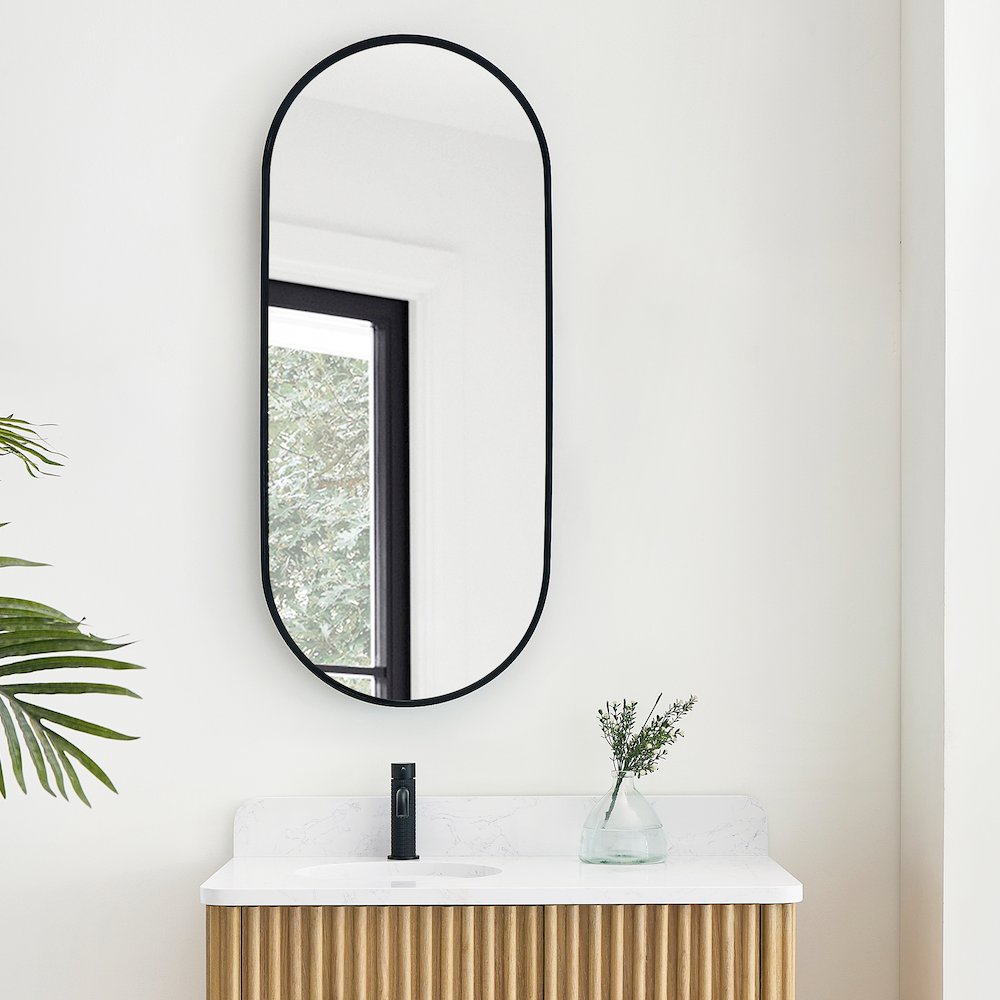 Oval Aluminum Framed Wall Mount Bathroom Vanity Mirror in Brushed Black. Picture 4