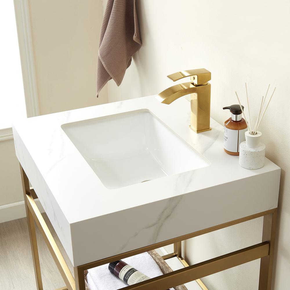 Single Sink Bath Vanity Metal Support with White Sintered Stone Top. Picture 6