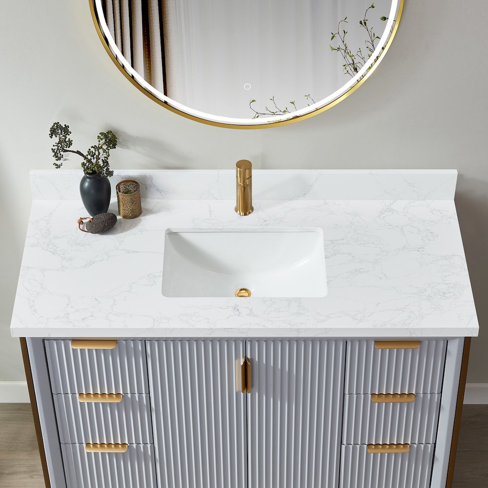 Composite Stone Vanity Top in Grain White with White Rectangular Single Sink. Picture 6