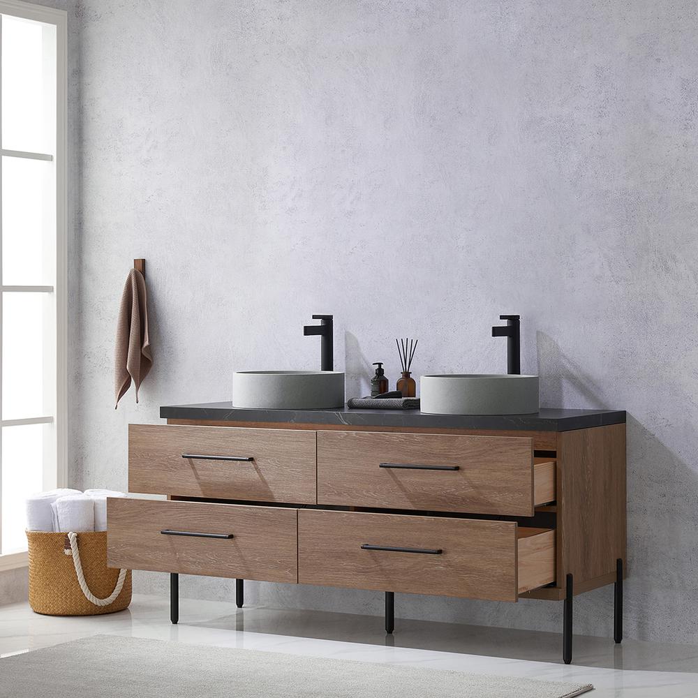 Double Sink Bath Vanity with Black Sintered Stone Top with Concrete Sink. Picture 6