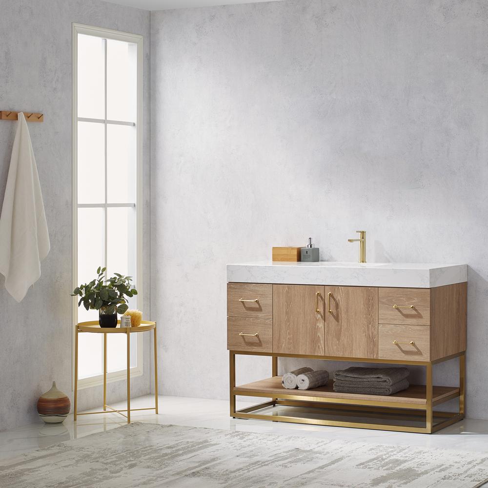 48" Single Vanity with White Grain Stone Countertop Without Mirror. Picture 8