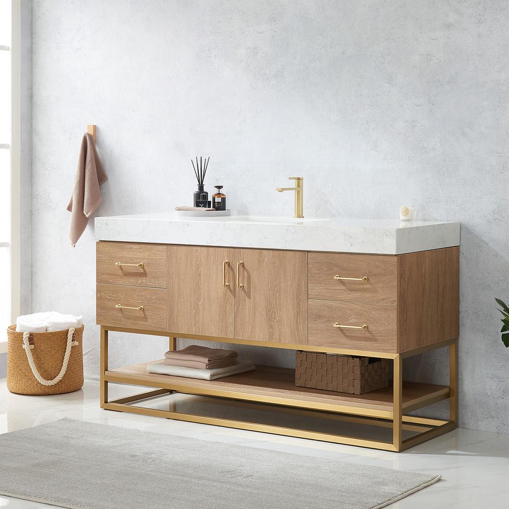 60" Single Sink Bath Vanity with White Grain Stone Countertop. Picture 4