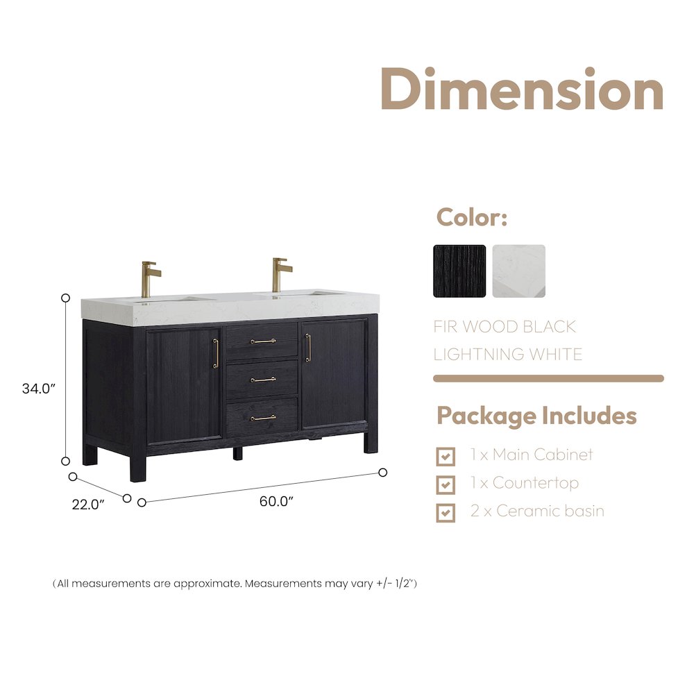 León 60in. Free-standing Double Bathroom Vanity in Fir Wood Black. Picture 18