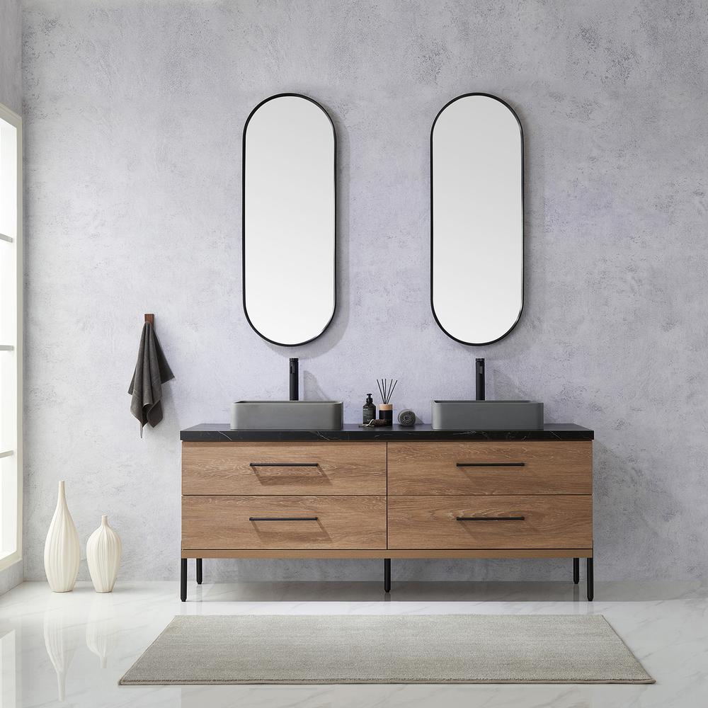 Double Sink Bath Vanity with Sintered Stone Top with Concrete Sink and Mirror. Picture 4