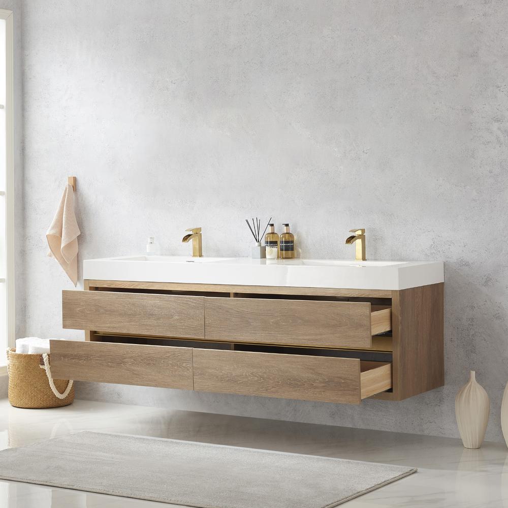 Double Sink Wall-Mount Bath Vanity with Composite Integral Square Sink Top. Picture 7