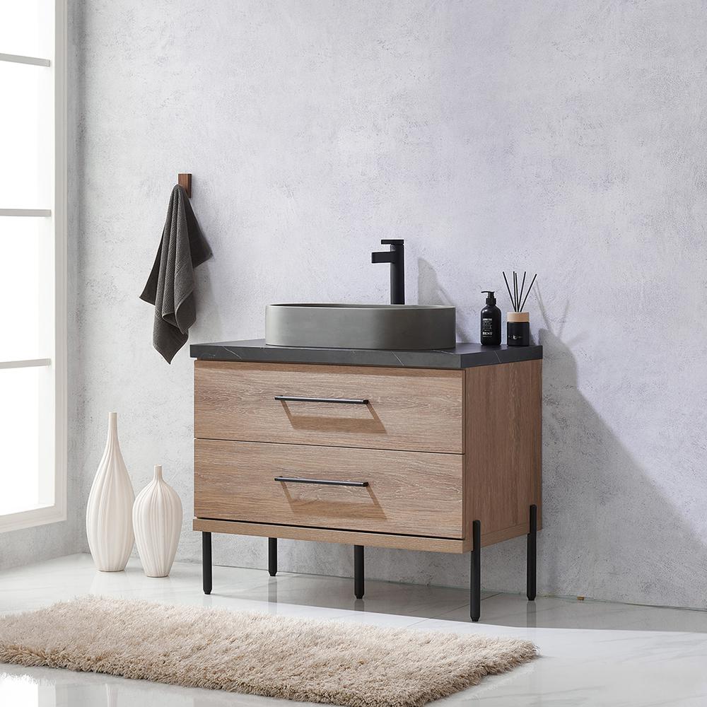 Single Sink Bath Vanity with Black Sintered Stone Top with Concrete Sink. Picture 5