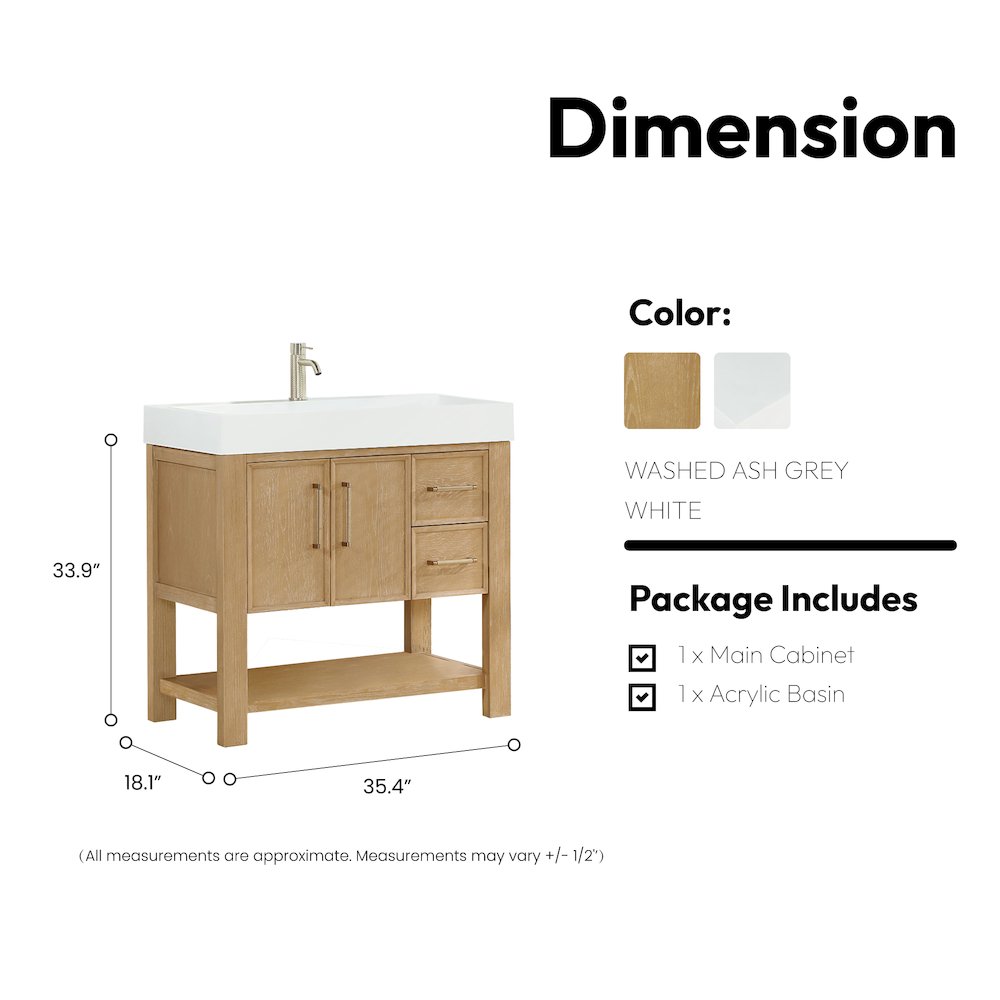 Vera 36" Free-standing Single Bath Vanity in Washed Ash Grey. Picture 19