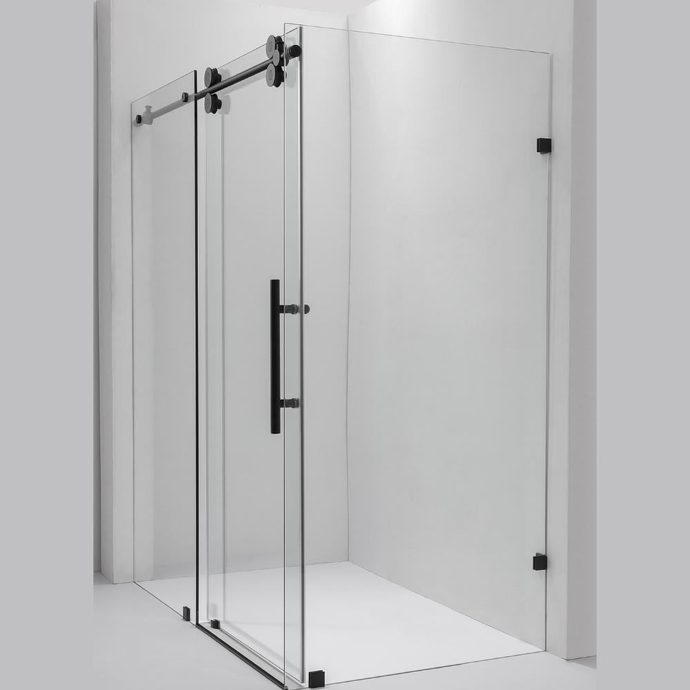 Rectangle Single Sliding Frameless Shower Enclosure in Matte Black. Picture 2