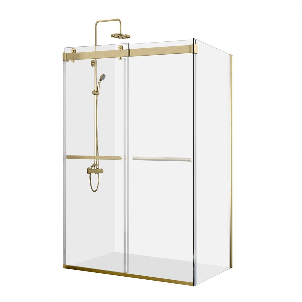 Rectangle Double Sliding Frameless Shower Enclosure in Brushed Gold. Picture 1