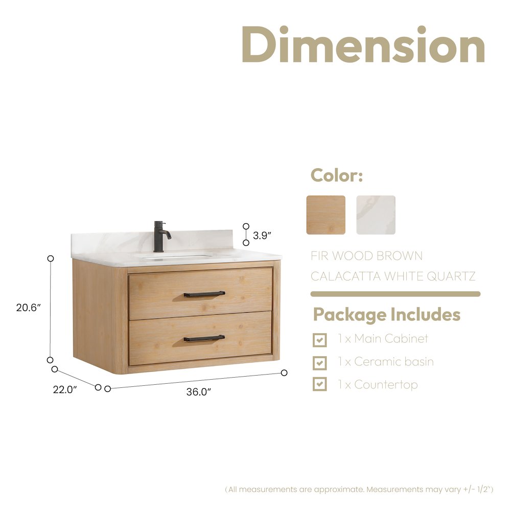 Cristo 36" Floating Single Bath Vanity in Fir Wood Brown. Picture 17