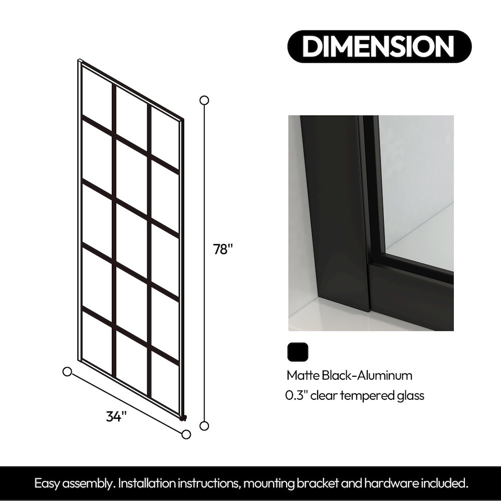 Puente 34" W x 78" H Fixed Single Panel Frameless Shower Door in Matte Black. Picture 10