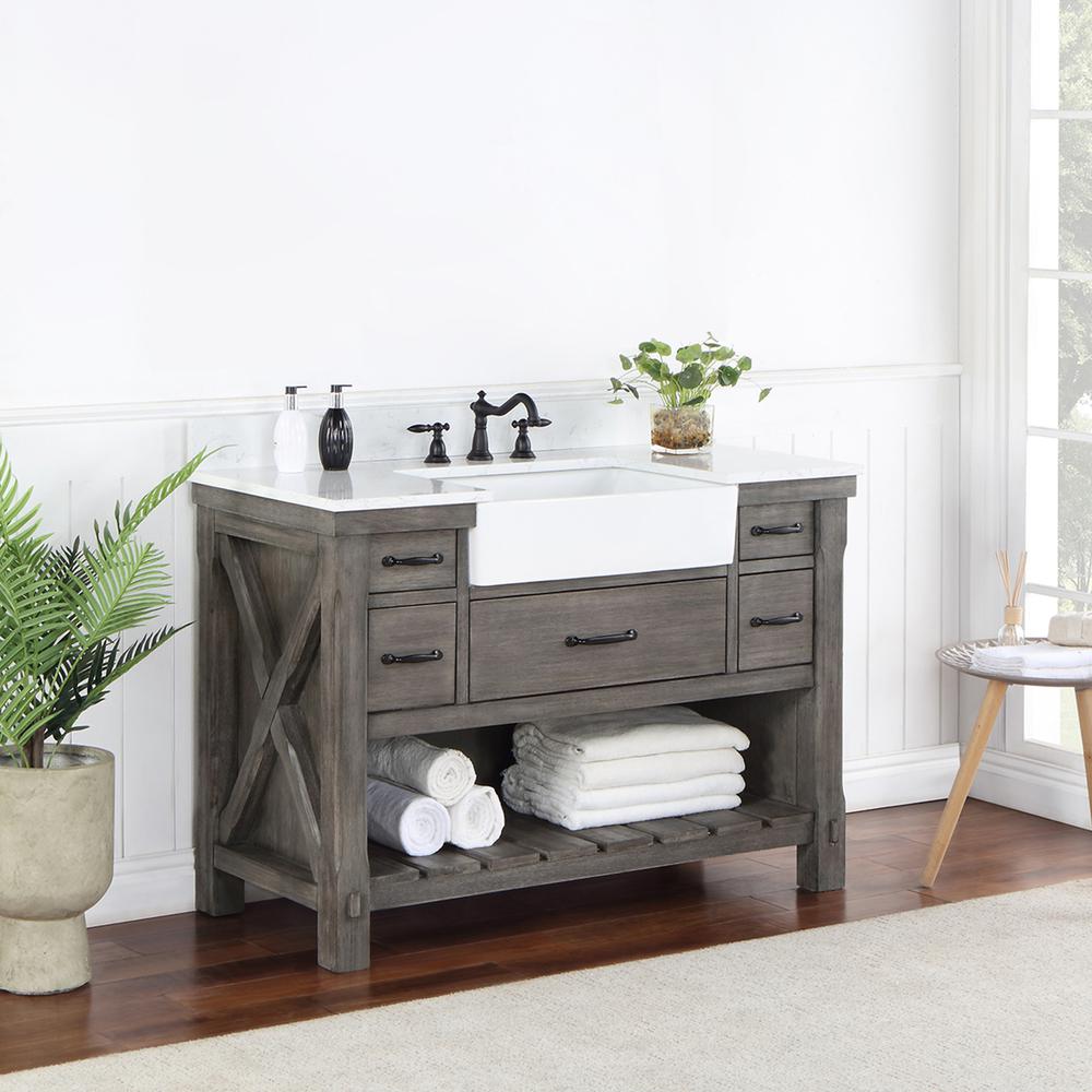 Single Bath Vanity with Composite Stone Top, White Farmhouse Basin. Picture 5