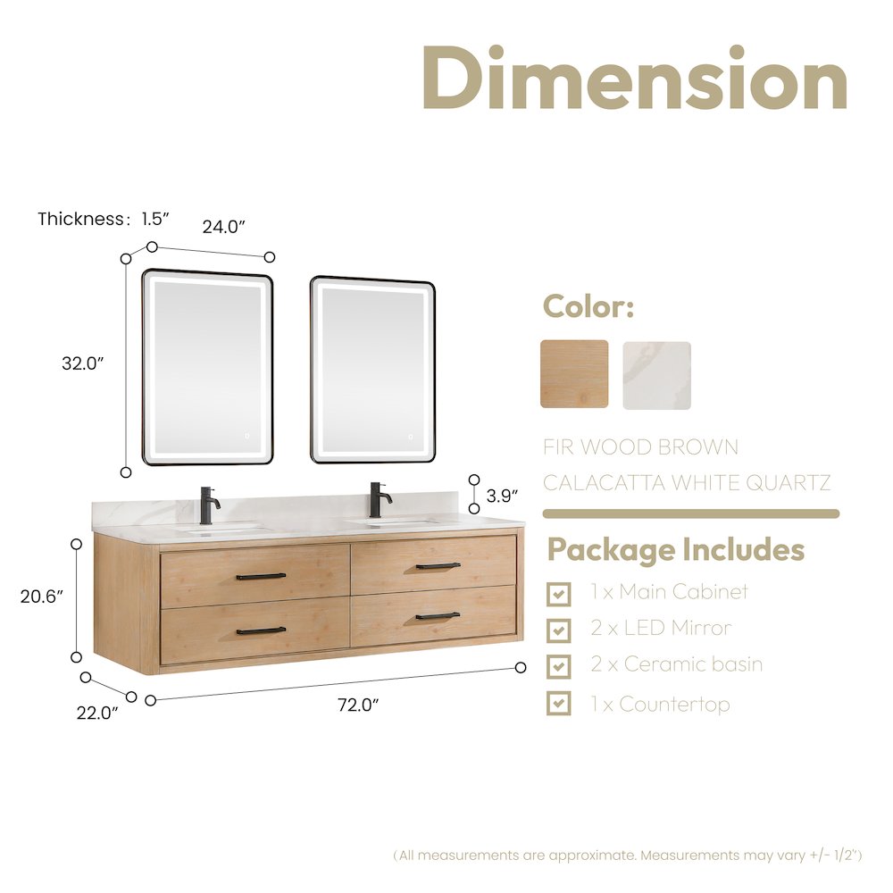 Cristo 72" Floating Double Bath Vanity in Fir Wood Brown. Picture 18