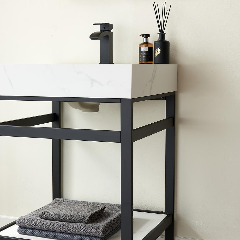 Single Sink Bath Vanity Metal Support with White Sintered Stone Top. Picture 7