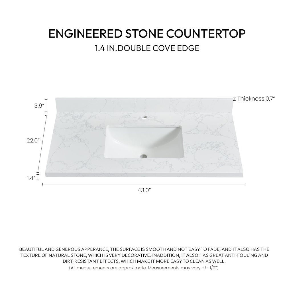 Composite Stone Vanity Top in Grain White with White Rectangular Single Sink. Picture 3
