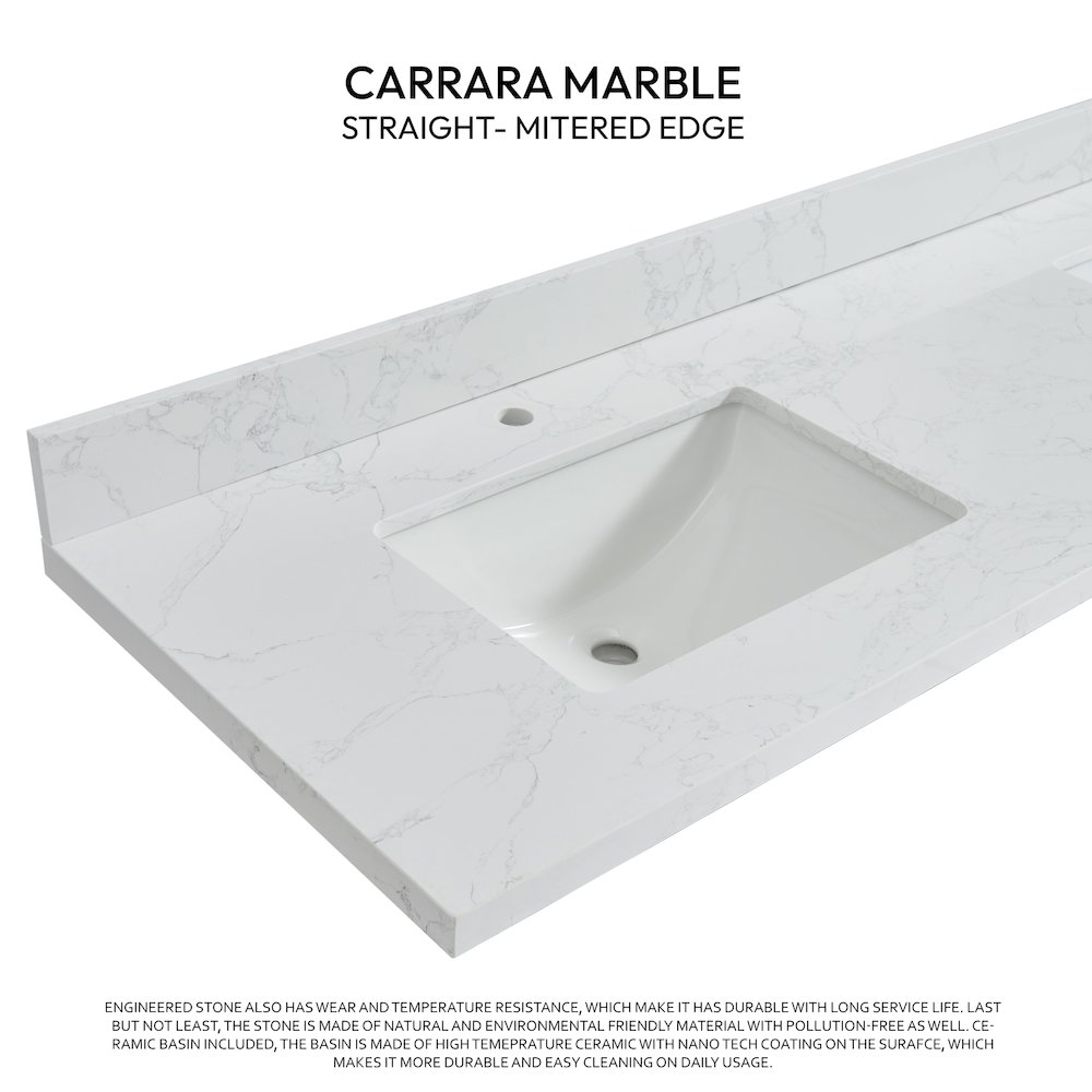 Composite Stone Vanity Top in Grain White with White Rectangular Double Sink. Picture 2