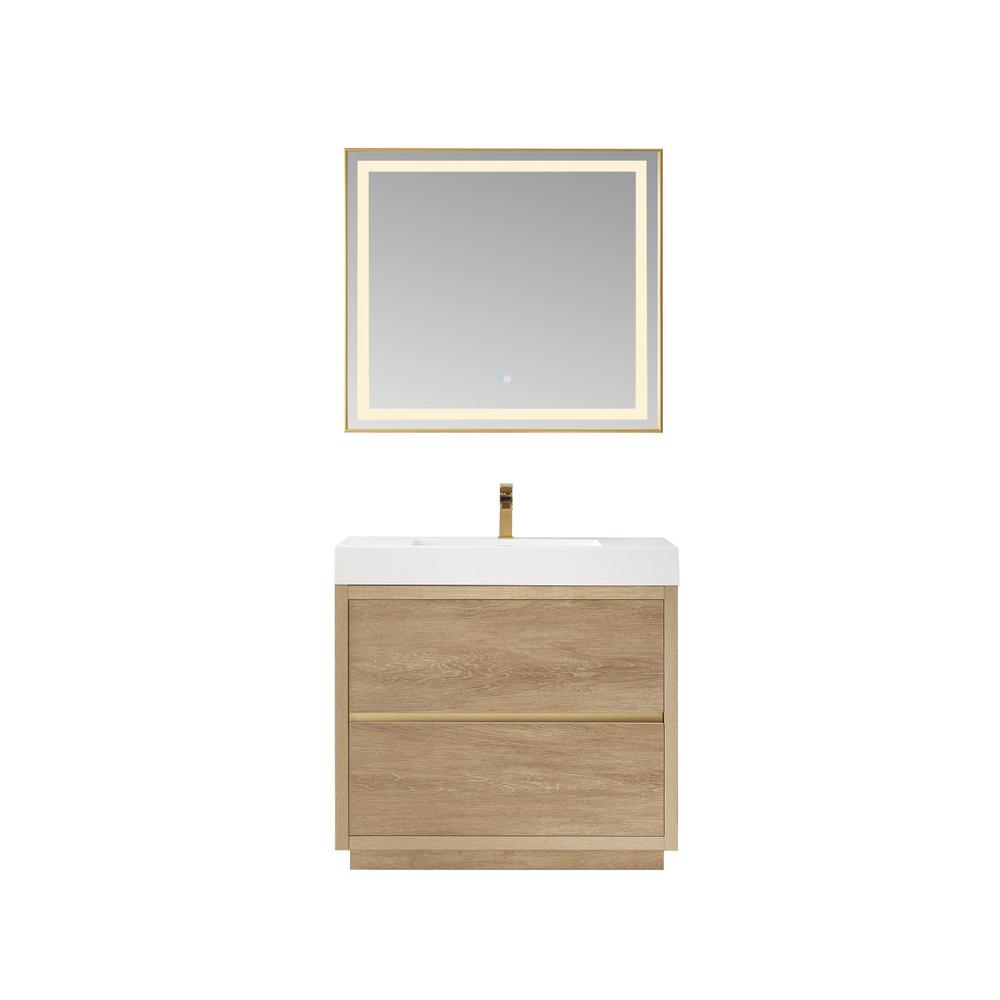 Single Sink Bath Vanity with Composite Integral Square Sink Top and Mirror. Picture 1