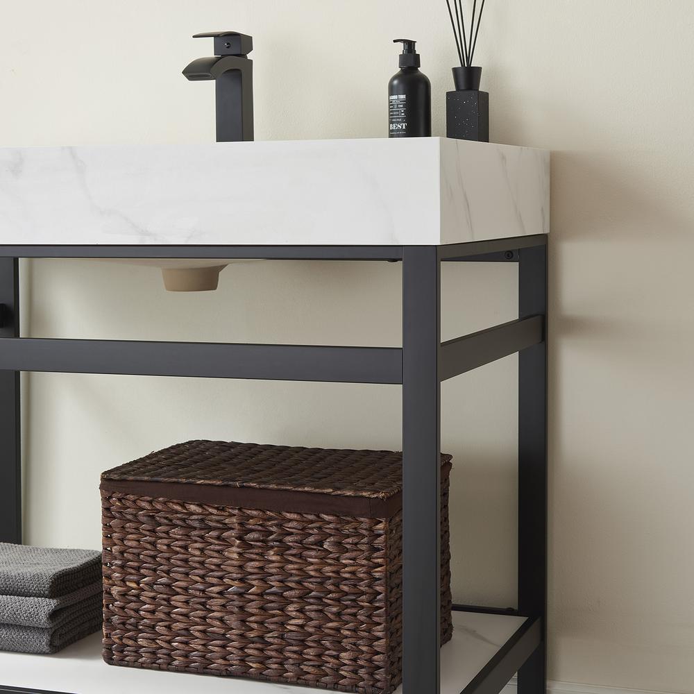 Single Sink Bath Vanity Metal Support with White Sintered Stone Top and Mirror. Picture 7