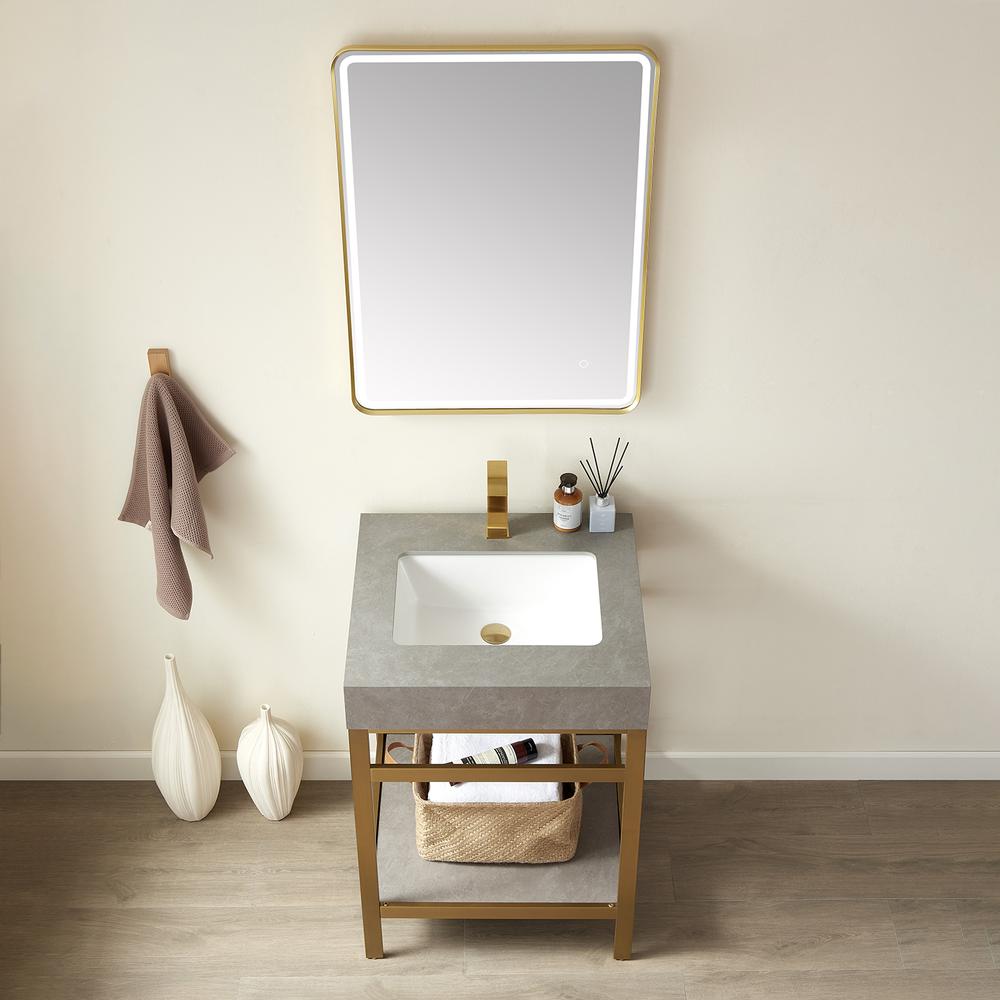Single Sink Bath Vanity Metal Support with Grey Sintered Stone Top and Mirror. Picture 5