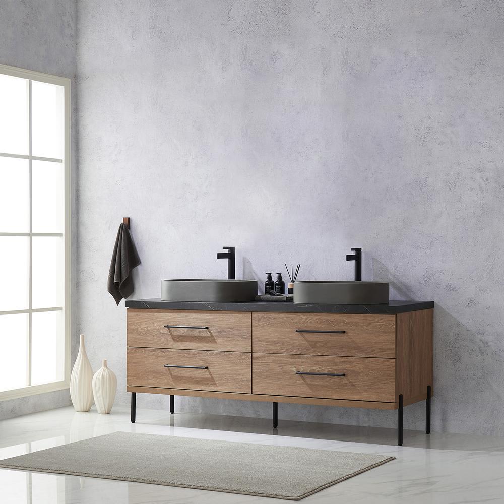 Double Sink Bath Vanity with Black Sintered Stone Top with Concrete Sink. Picture 13