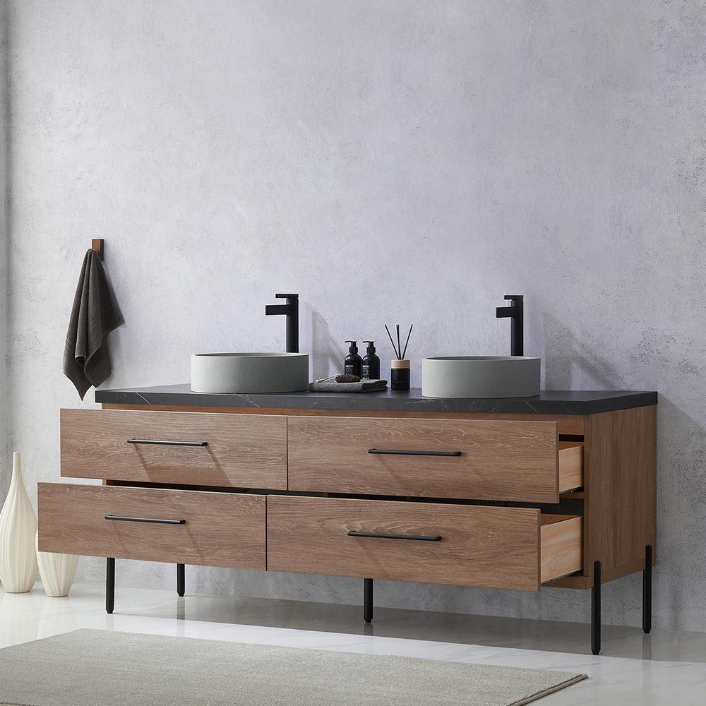 Double Sink Bath Vanity with Black Sintered Stone Top with Concrete Sink. Picture 7
