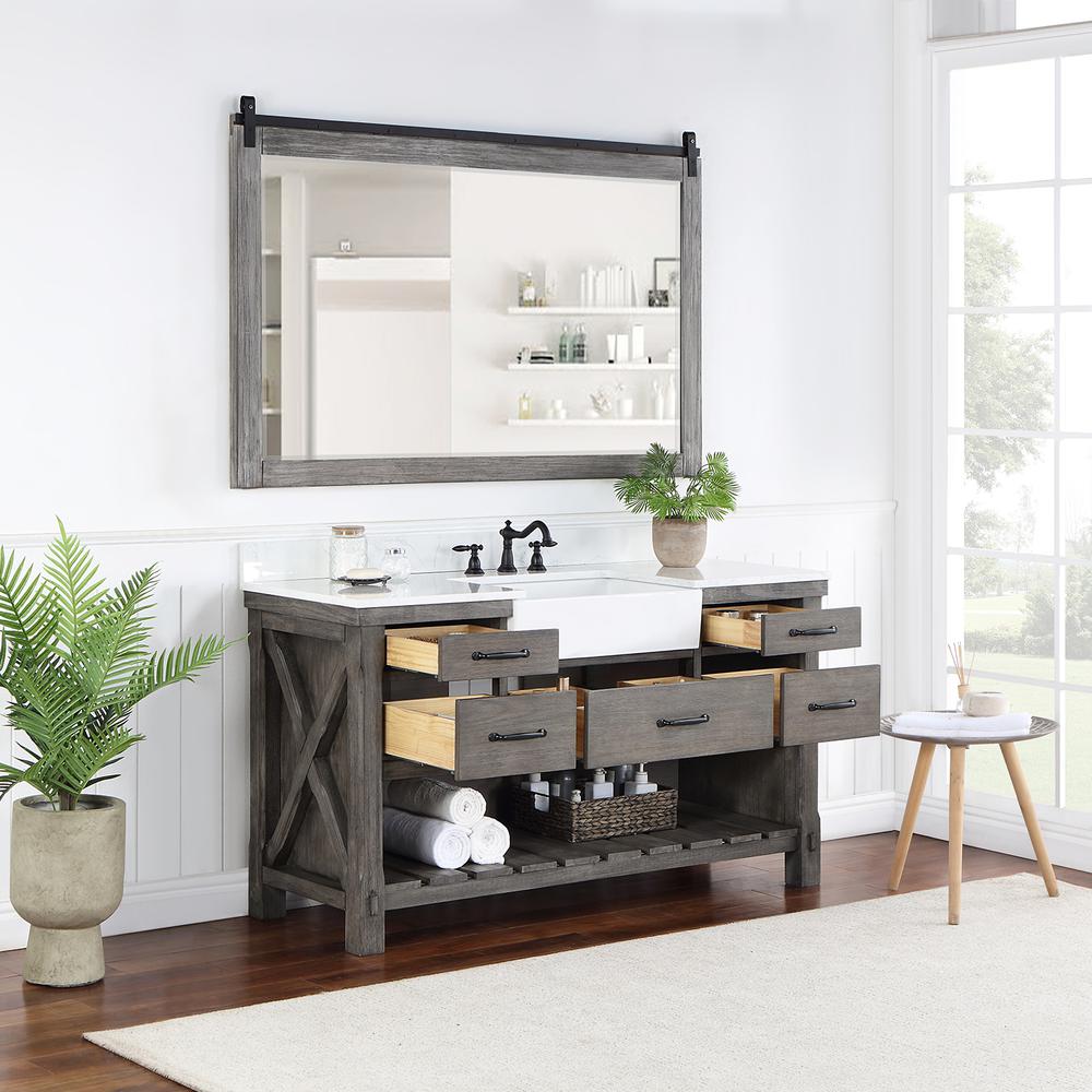 Single Bath Vanity with Composite Stone Top, White Farmhouse Basin and Mirror. Picture 6
