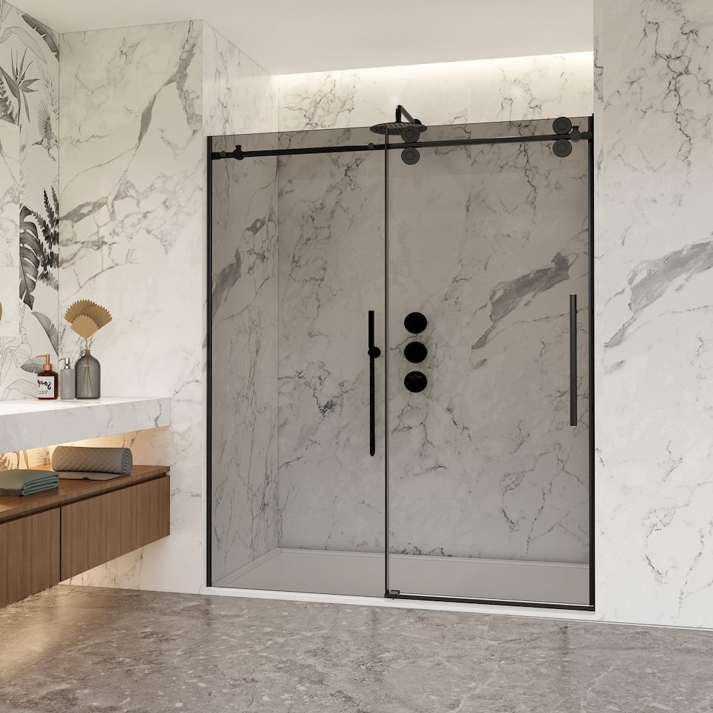 Echarri 68" W x 78" H Single Sliding Frameless Shower Door in Matte Black. Picture 4