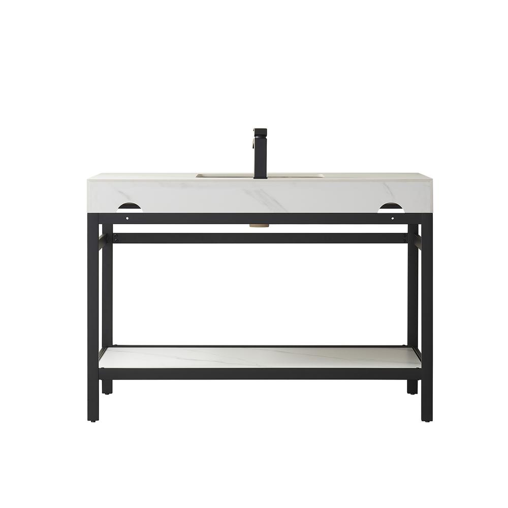 Single Sink Bath Vanity Metal Support with White Sintered Stone Top. Picture 1