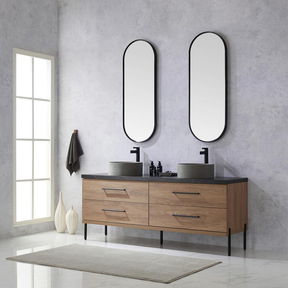 Double Sink Bath Vanity with Sintered Stone Top with Concrete Sink and Mirror. Picture 5