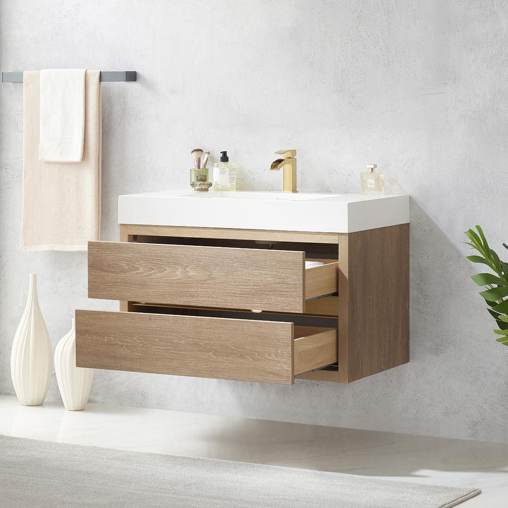 Single Sink Wall-Mount Bath Vanity with Composite Integral Square Sink Top. Picture 7