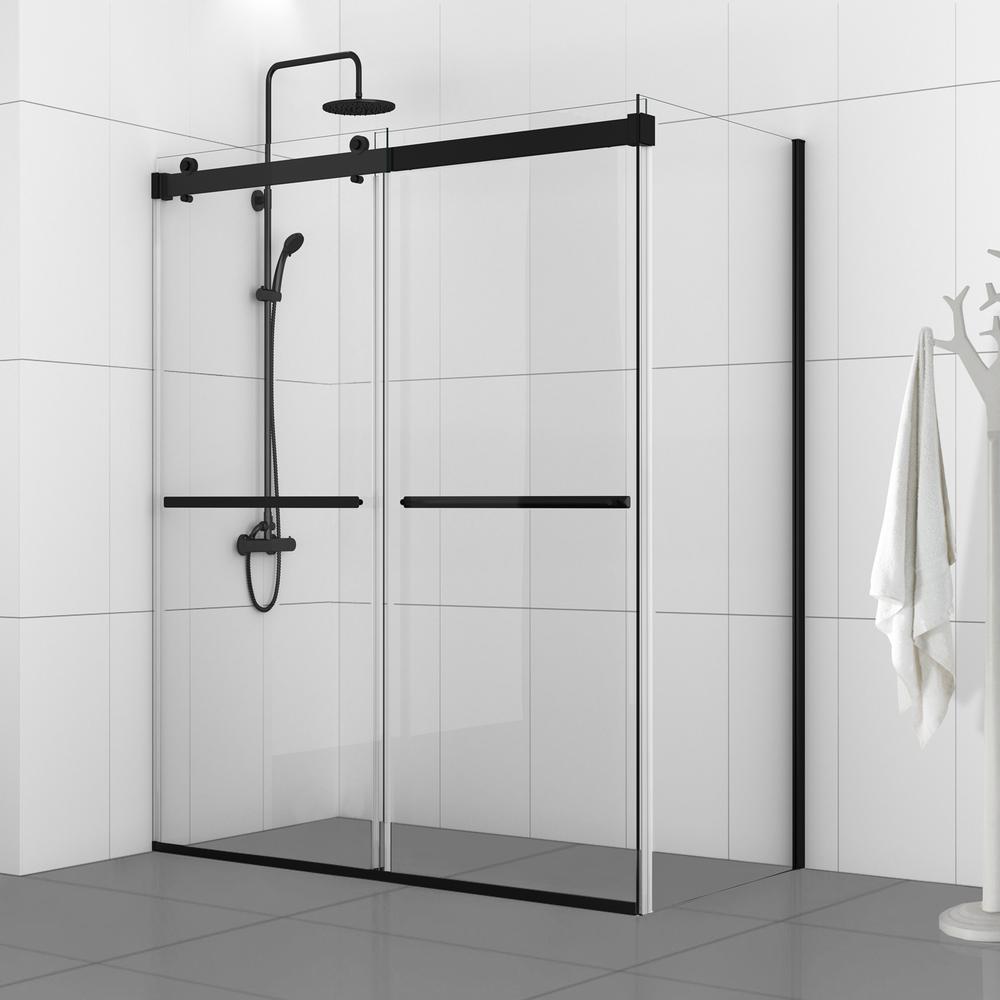Rectangle Double Sliding Frameless Shower Enclosure in Matte Black. Picture 14