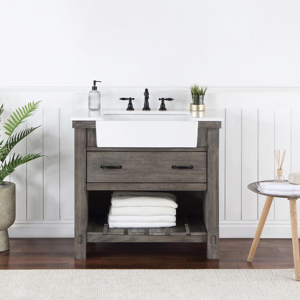 Single Bath Vanity with Composite Stone Top, White Farmhouse Basin. Picture 4
