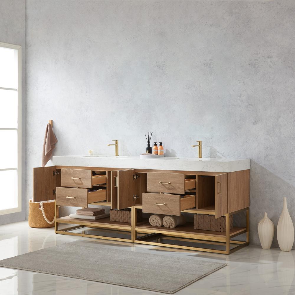 84" Double Sink Bath Vanity with White Grain Stone Countertop. Picture 12