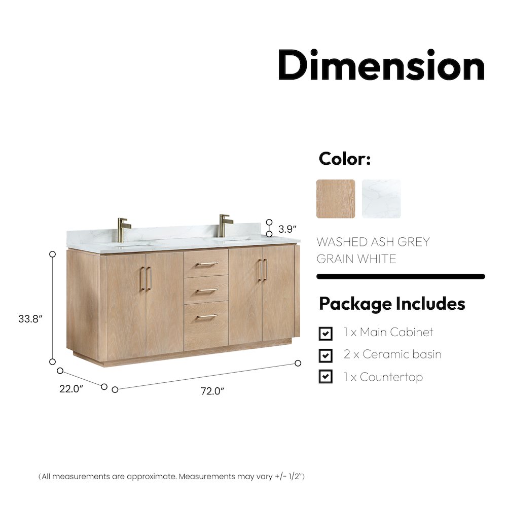 San 72" Free-standing Double Bath Vanity in Washed Ash Grey. Picture 17