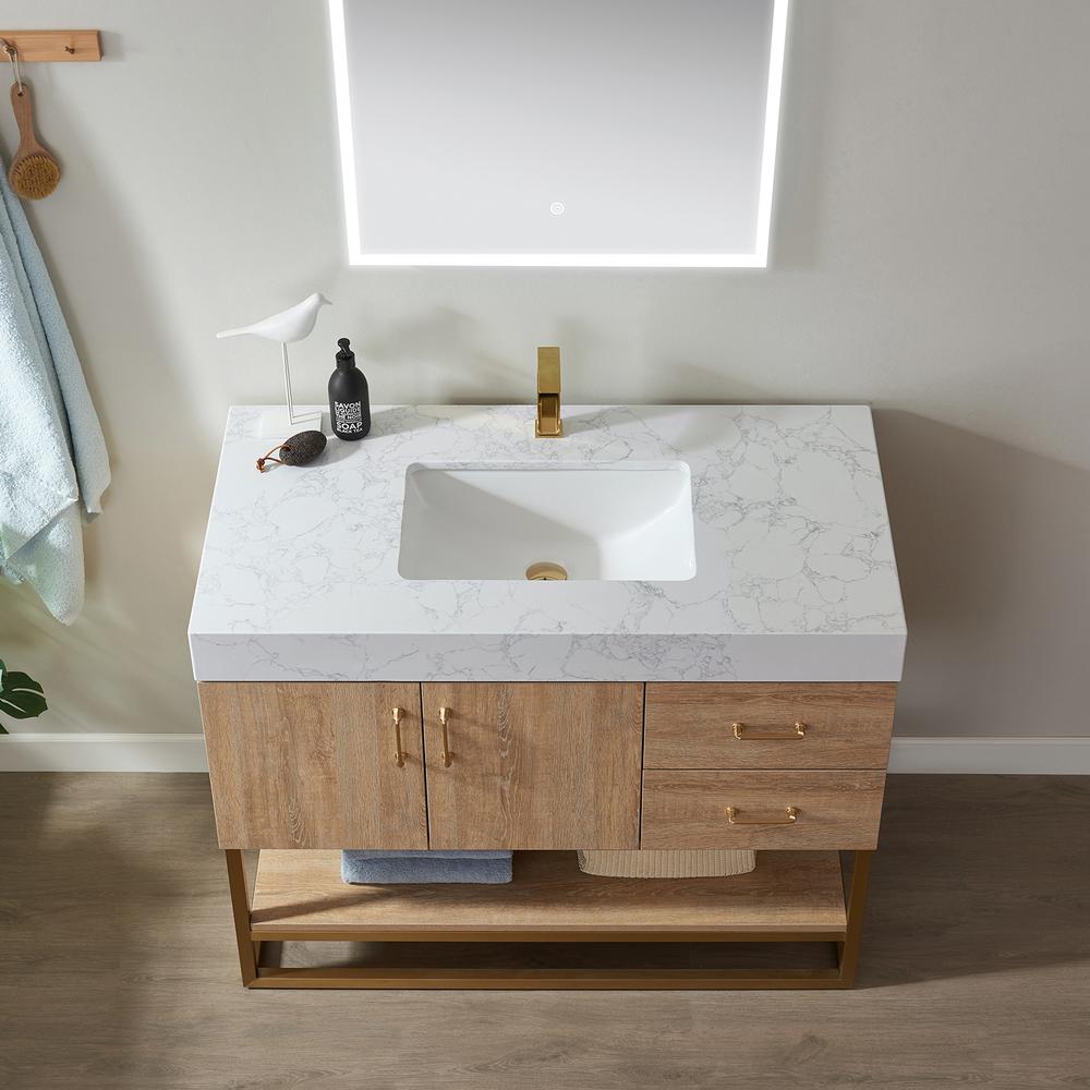42" Single Vanity with White Grain Stone Countertop With Mirror. Picture 9