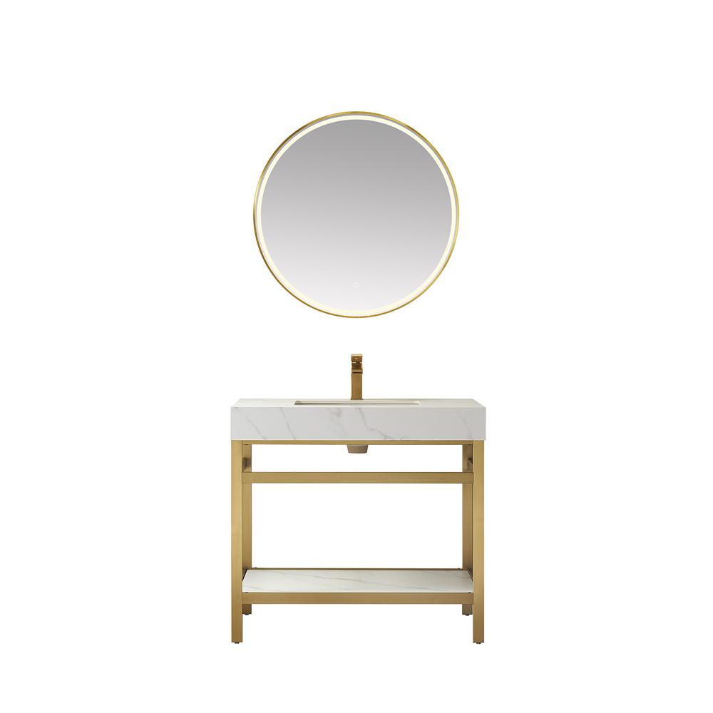Single Sink Bath Vanity Metal Support with White Sintered Stone Top and Mirror. Picture 1
