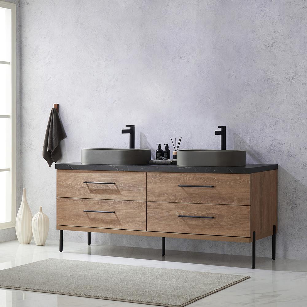 Double Sink Bath Vanity with Black Sintered Stone Top with Concrete Sink. Picture 5