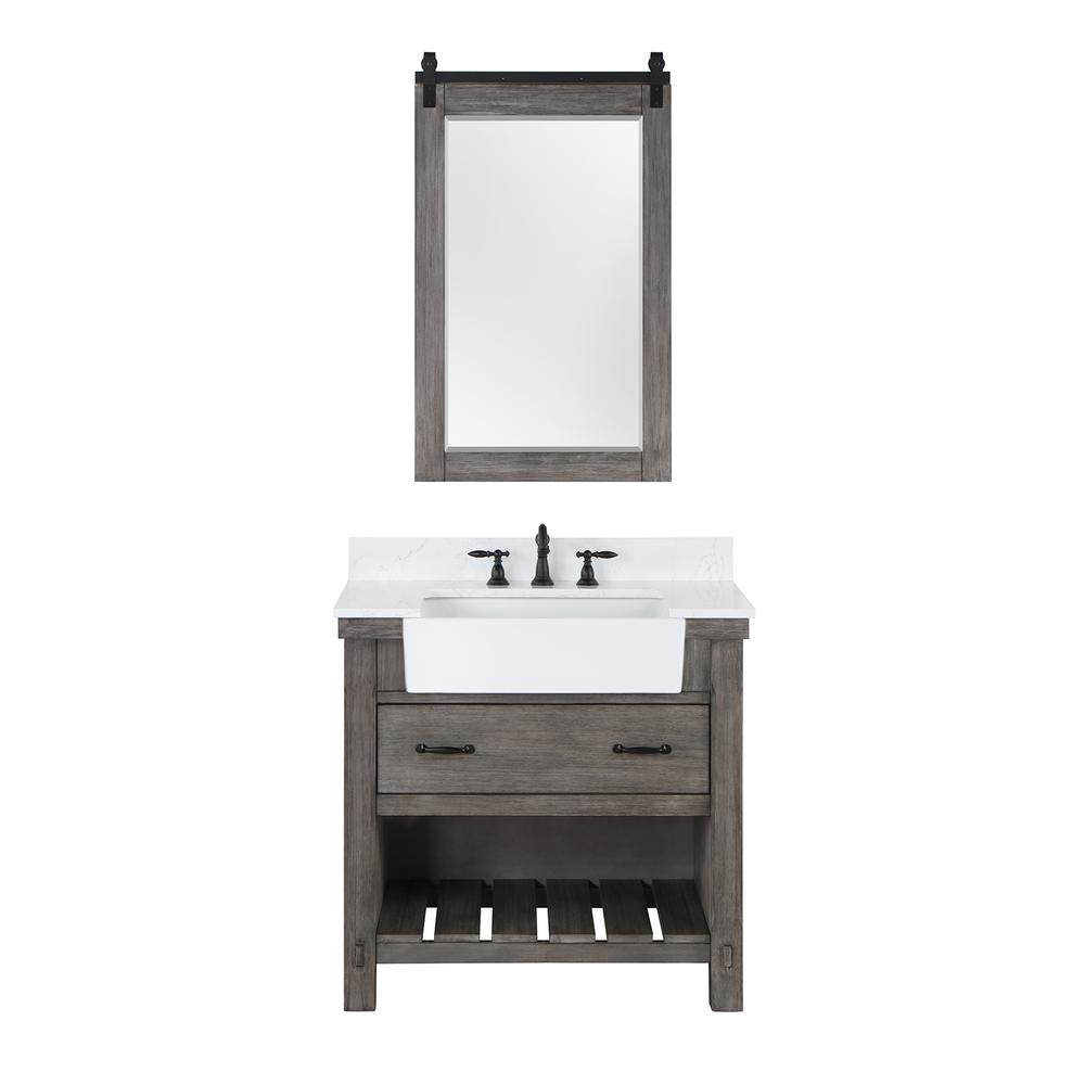Single Bath Vanity with Composite Stone Top, White Farmhouse Basin and Mirror. Picture 1