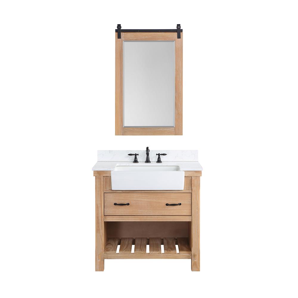 Single Bath Vanity with Composite Stone Top, White Farmhouse Basin and Mirror. Picture 1