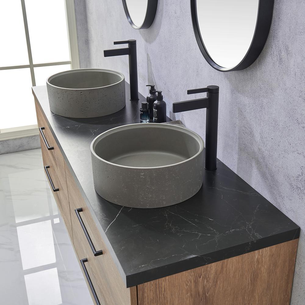 Double Sink Bath Vanity with Sintered Stone Top with Concrete Sink and Mirror. Picture 7