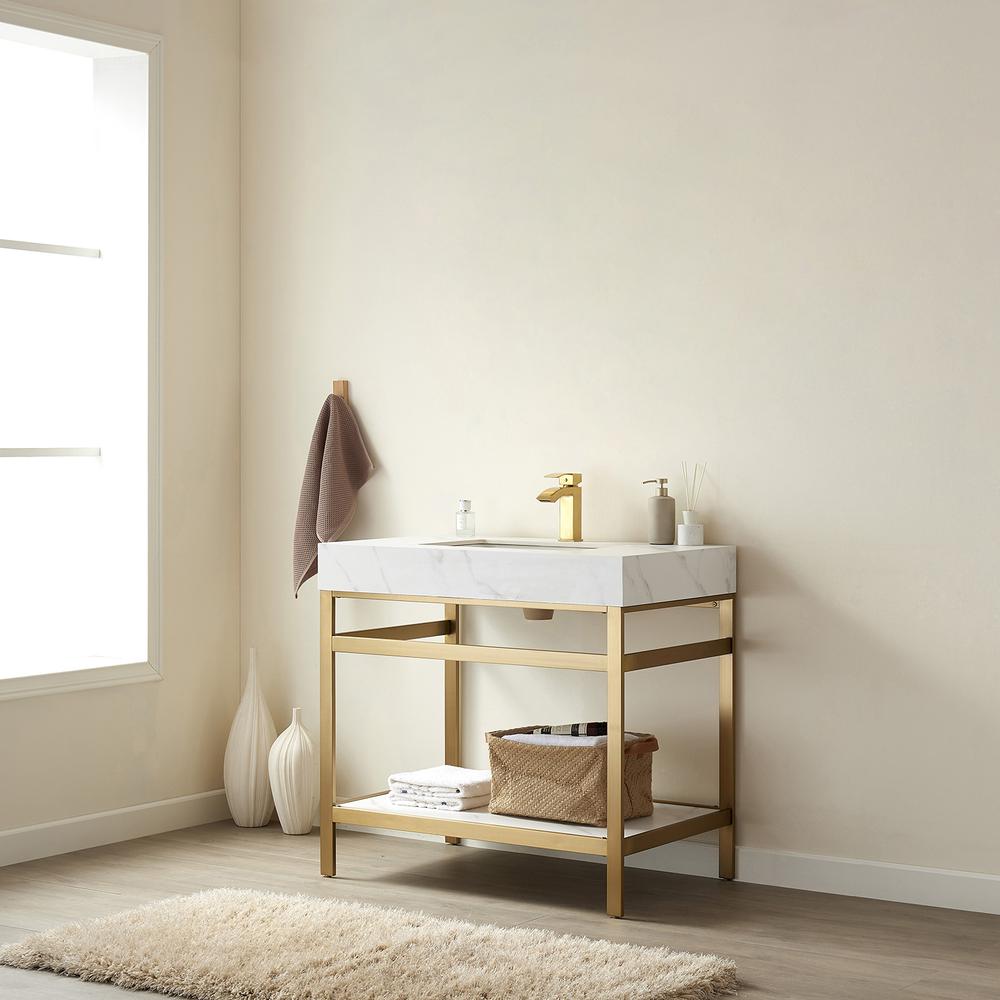 Single Sink Bath Vanity Metal Support with White Sintered Stone Top. Picture 4