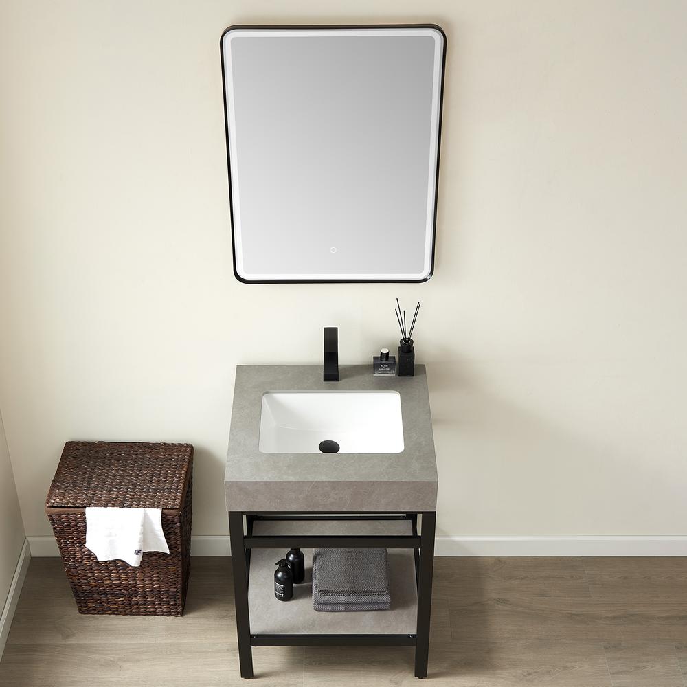 Single Sink Bath Vanity Metal Support with Grey Sintered Stone Top and Mirror. Picture 5