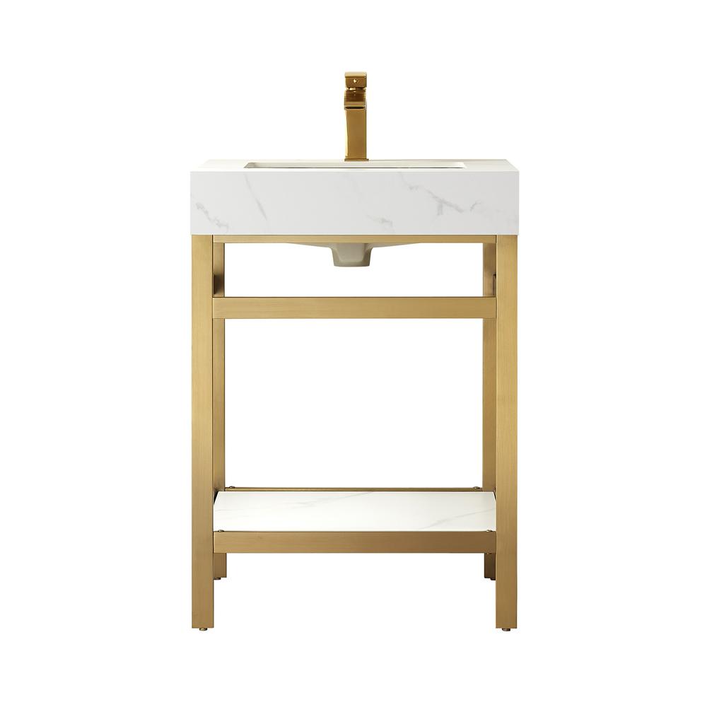 Single Sink Bath Vanity Metal Support with White Sintered Stone Top. Picture 1
